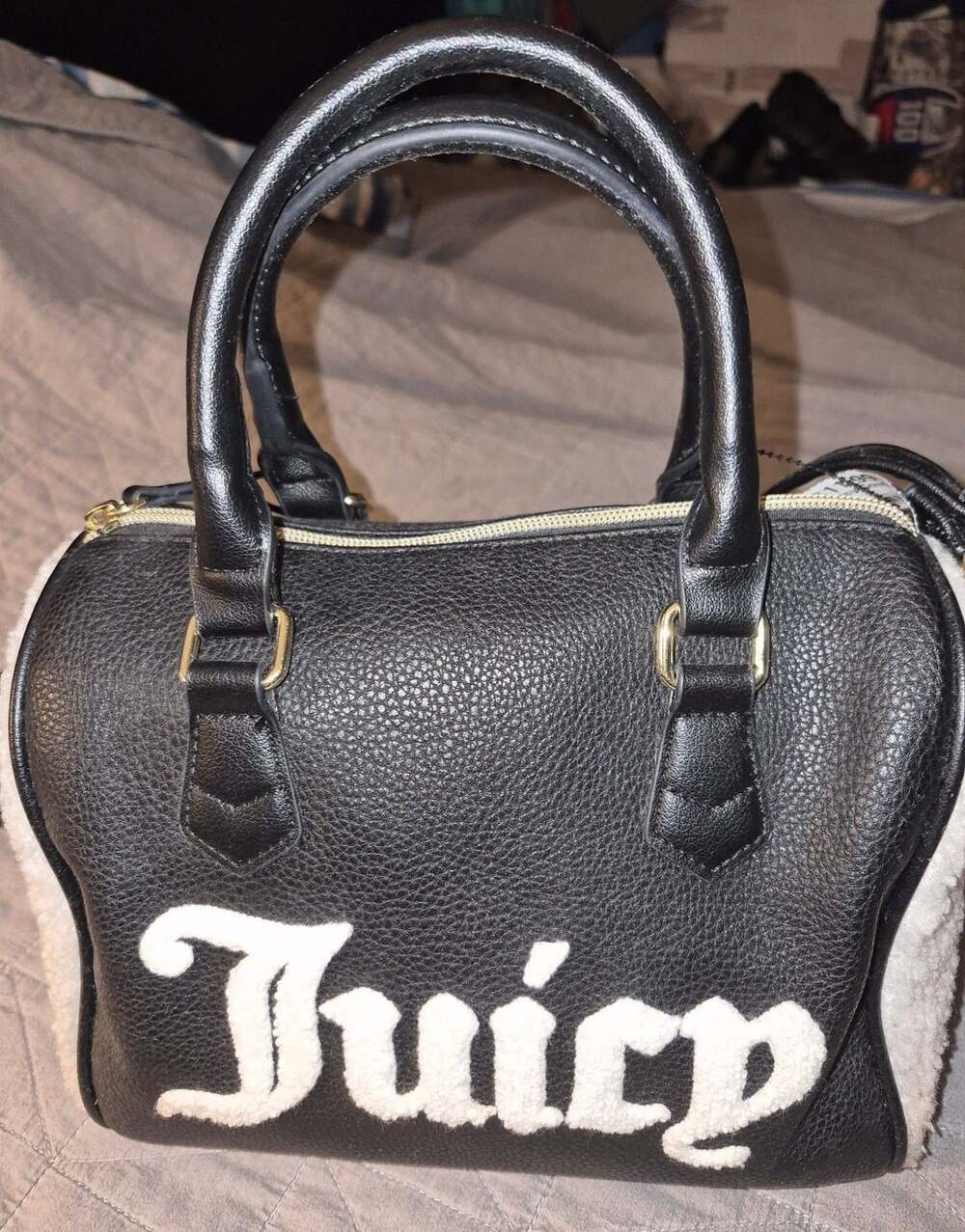 Juicy Couture Flashback Satchel Handbag Black White Shearling